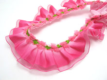 画像をギャラリービューアに読み込む, 1 5/8 Inch Pink Ombre Pleated Printed Polyester Ribbon with Woven Rosette Trim|Headband Supplies|Hair Embellishment|Decorative Trim|Supplies