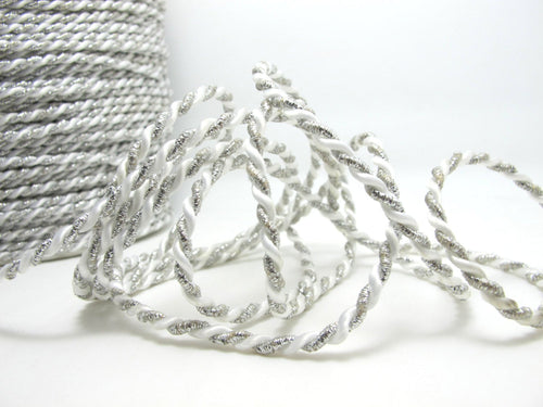 CLEARANCE|5 Yards 4mm Silver and White Twist Cord Rope Trim|Craft Supplies|Scrapbook|Decoration|Hair Supplies|Embellishment|Shiny Glittery